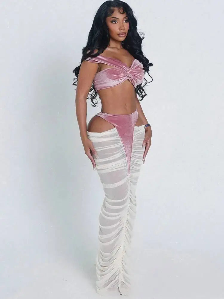 Sexy Fashion 2 Piece Set Woman Velvet Cross Kink Tank Tops+Hollow Design Ruched Long Skirts Club Party Coquette Outfits