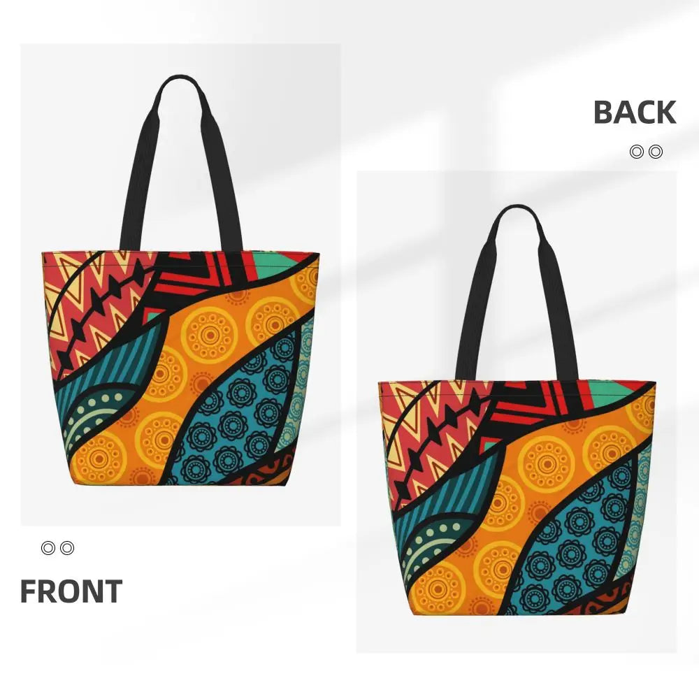 African Ankara Prints Grocery Shopping Tote Bags Women Geometric Ethnic Art Canvas Shoulder Shopper Bags Big Capacity Handbag