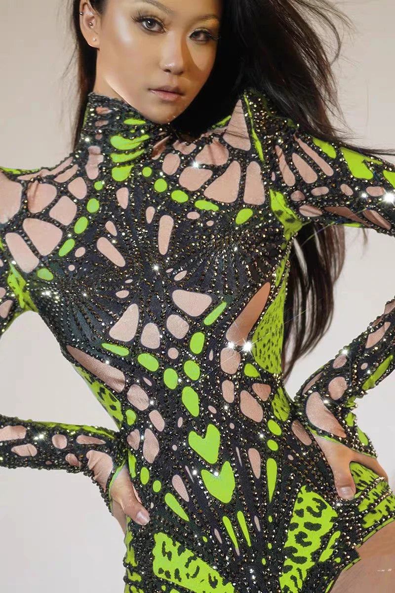singer's commercial performance, dazzling performance outfit European and American sexy wormhole perspective triangle jumpsuit