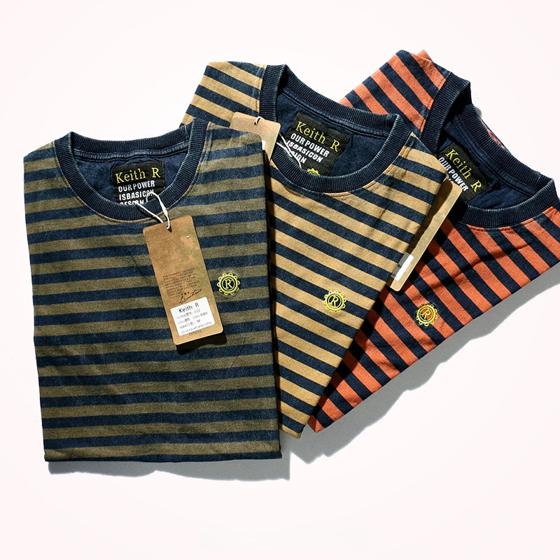 Striped T-shirt Men's Short Sleeve New Pure Cotton Slim Trend Simple Joker Round Neck Old Washed Short Sleeve T-shirt