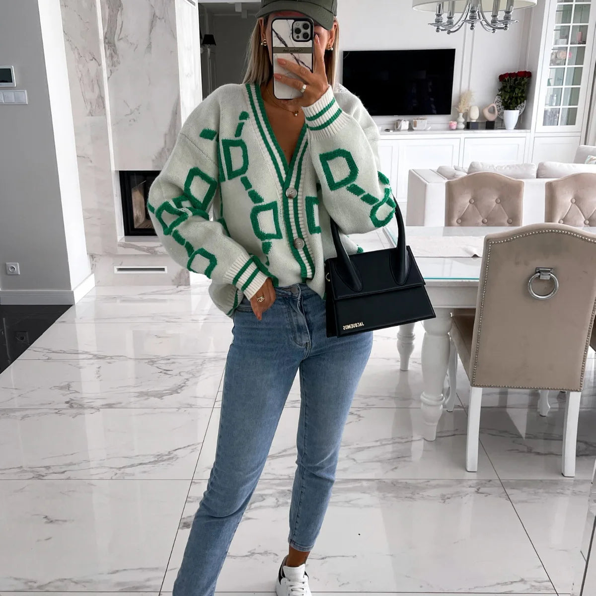 Autumn Winter Jacquard Knitted Coat Women Fashion V-neck Long Sleeve Single Breasted Knitting Cardigan Coats Female Streetwear
