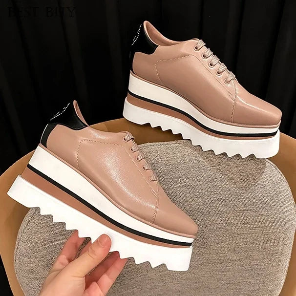 New beige Women Platform Casual Shoes 2024 Spring Black Casual Chunky Sneakers Women Real Leather White Height Increasing Shoes