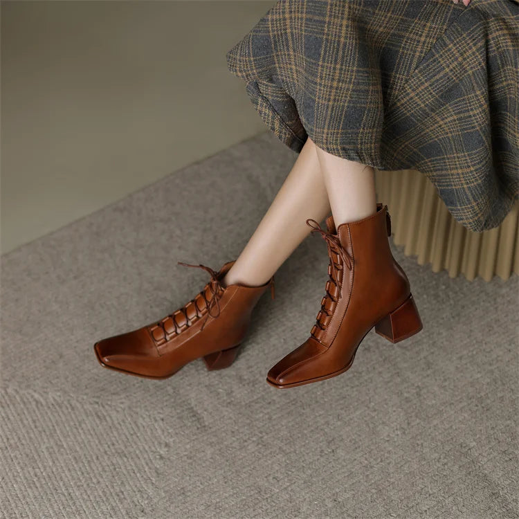 2026 Fashion Women Shoes Split Leather Short Boots Square Toe Chunky Boots Winter Shoes Women Solid High Heel Boots for Women