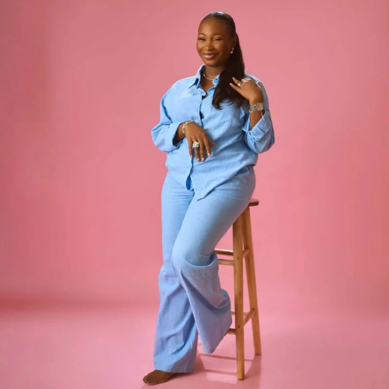 African Style Women 2 Piece Casual Outfits Blue Button Shirt & Wide Leg Pants Set Elegant Daily Streetwear Loose Loungewear
