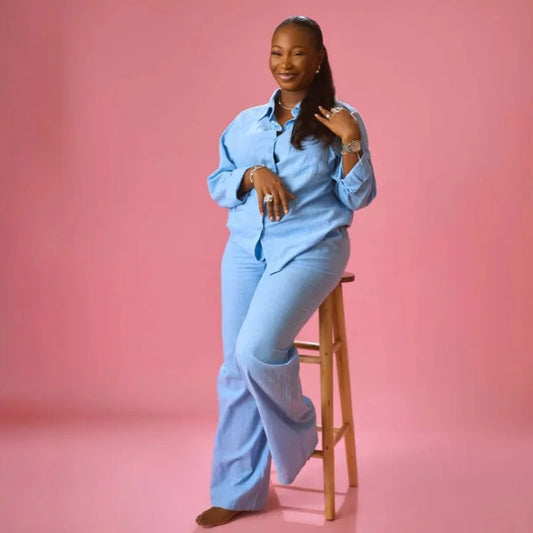 African Style Women 2 Piece Casual Outfits Blue Button Shirt & Wide Leg Pants Set Elegant Daily Streetwear Loose Loungewear
