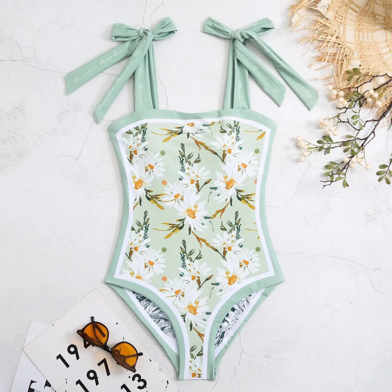 Y2K Floral One Piece Swimsuit Reversible Tie Shoulder Monokini Tummy Control