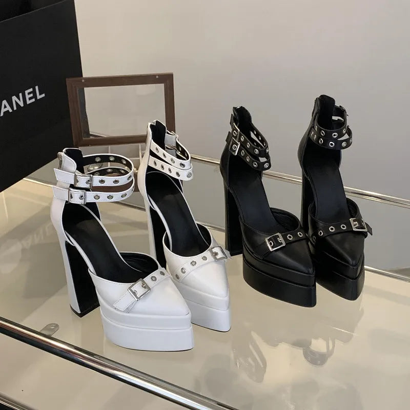 Runway style 15cm Ultra High heels Platform Wedges Women Pumps Fashion Rivet Ankle Strap Thick Heeled Spring Summer Chunky Shoes