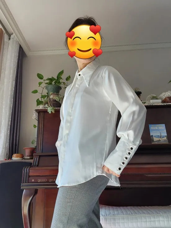 Stylish Elegant Turn Down Collar White Long Sleeve Satin Shirts Fashion Woman Vintage Blouse 2024 Office Lady Tops Blusas 16946