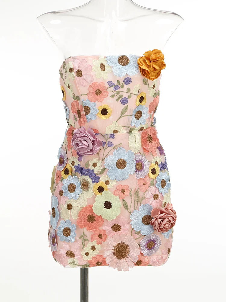 Women's 3D Floral Embroidery Backless Sleeveless Mini Dress Self Tie Evening Gown Elegant Short Dress for Party Cocktail Wedding