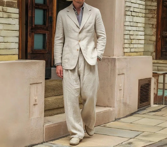 Beige Linen Relaxed Prom Suits 2 Pieces 1970s Men Suits Vintage Style Groom Wedding Tuxedo Blazer Trousers Set Ropa Hombre