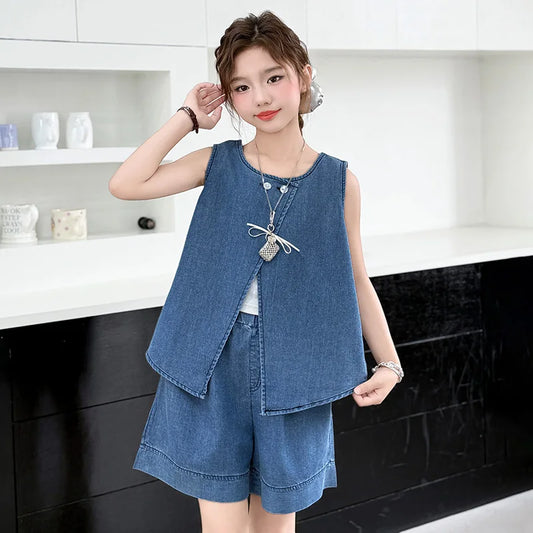 High Fashion Children Summer Denim Suit for Girls Casual Vest + Shorts 2 Piece Clothing Set Kids Trendy Street Outfit Age 5-14 Y