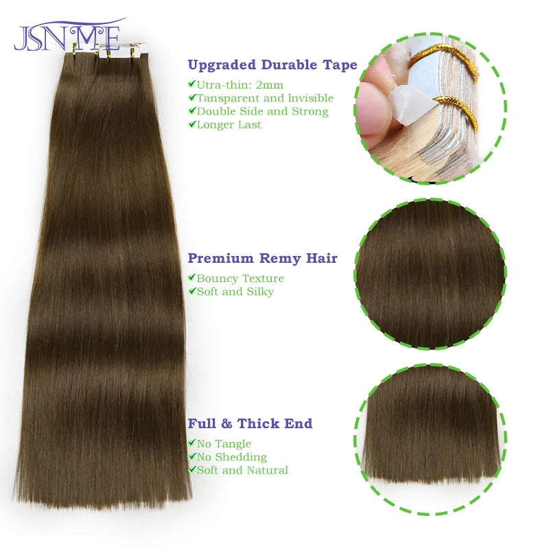 JSNME High Quality Tape In Hair Extension Invisible 100% Real Human Hair Straight Tape Ins  Brown Blonde 2.5g/pcs 16-22 Inch