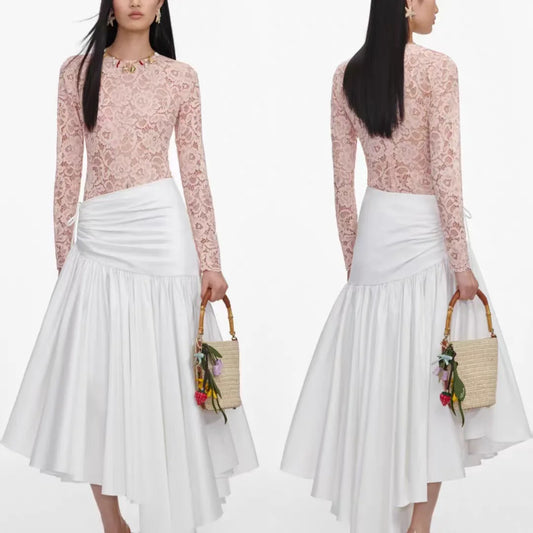 Women fashion set Pink lace jumpsuit tops + high waist asymmetrical white long skirt