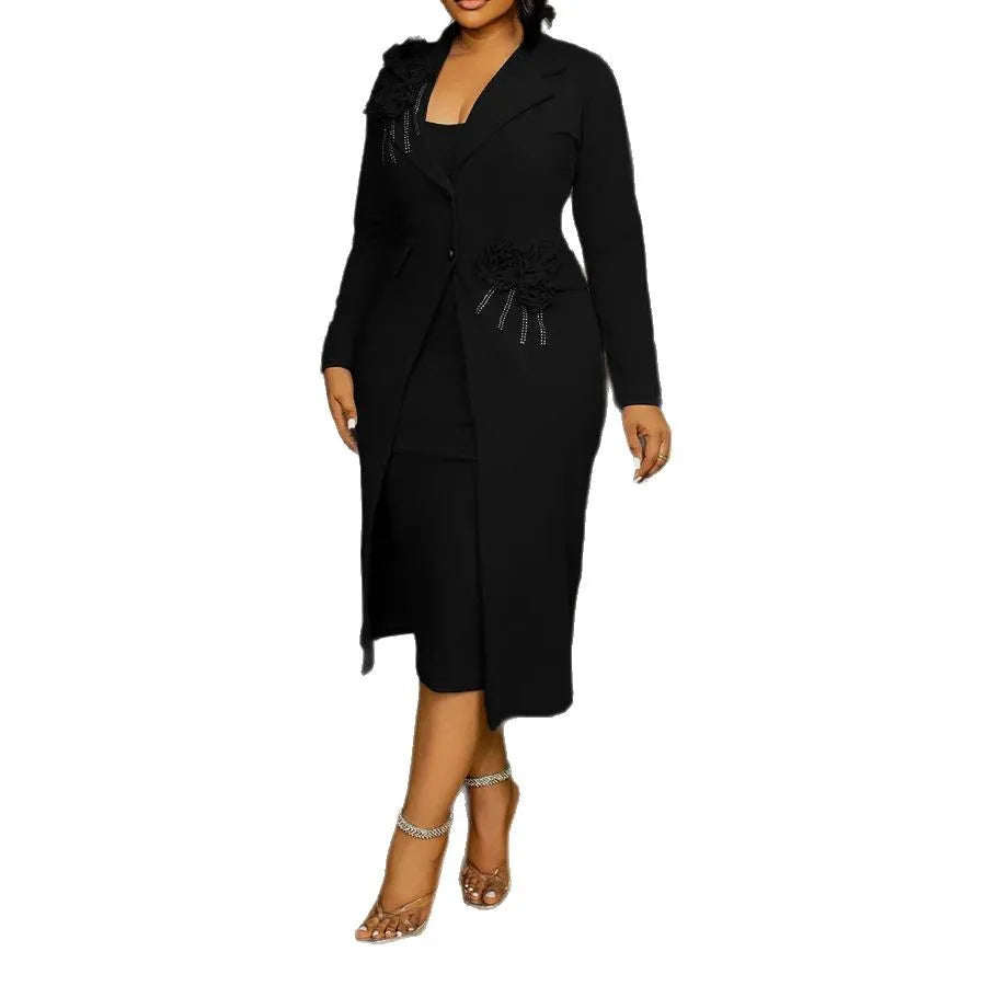 Women Dress Sets Two Pieces Set Matching Set Casual Elegant Flower V Neck Suit Coat Mid Calf Slip Dress Party Night 2025 Work