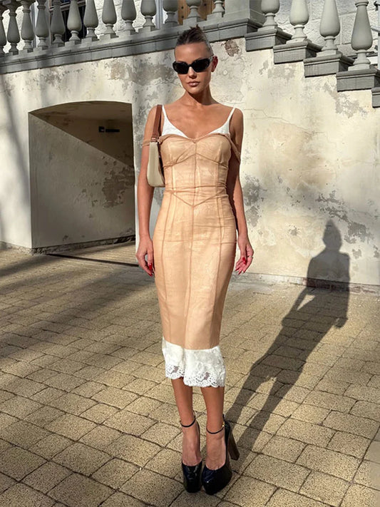 Women Sheer Mesh Overlay Midi Dress Waist Cinched Sleeveless Spaghetti Strap 2026 Summer Accessories Trendy Classy Lady Outfits