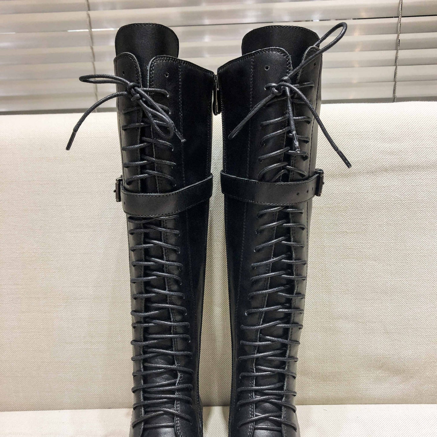 Krazing Pot Big Size Genuine Leather Lace Up Med Heels Round Toe Punk Superstar Riding Boots Buckle Fastener Over-the-knee Boots