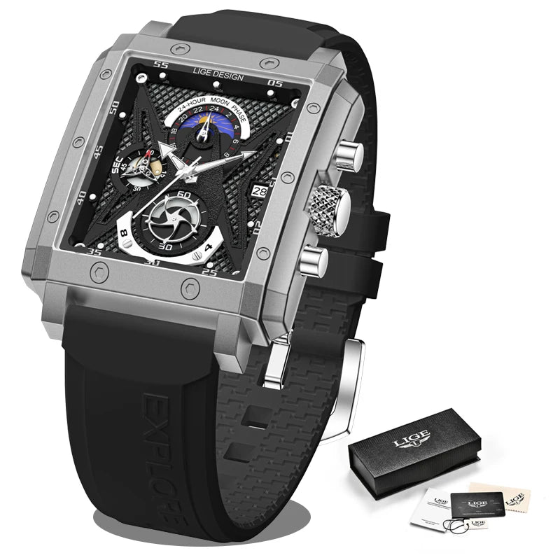 LIGE New Fashion Mens Watches Top Brand Luxury Silicone Quartz Watch For Men Waterproof Chronograph 24 Hour Moon Phase Clock+Box