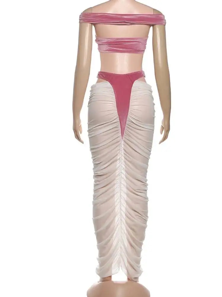 Sexy Fashion 2 Piece Set Woman Velvet Cross Kink Tank Tops+Hollow Design Ruched Long Skirts Club Party Coquette Outfits