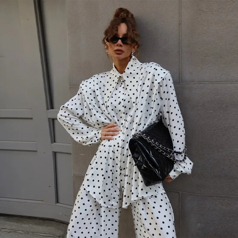 Elegant Dot Shirt Pants Women Set Casual Lapel Button Pleated Blouse Wide Leg Trousers 2026 Spring Summer Chic Lady Outfit New