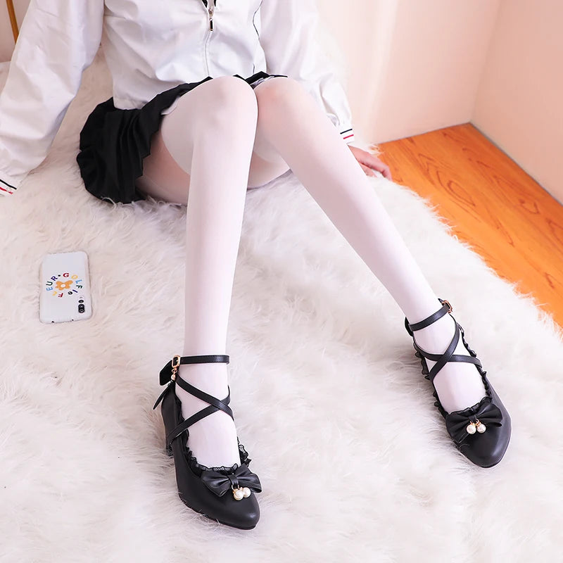 Cross Strap Women Spike High Heels Mary Jane Shoes Party Wedding Cosplay White Pink Lace Ruffles Bow Princess Lolita Pumps 34-43