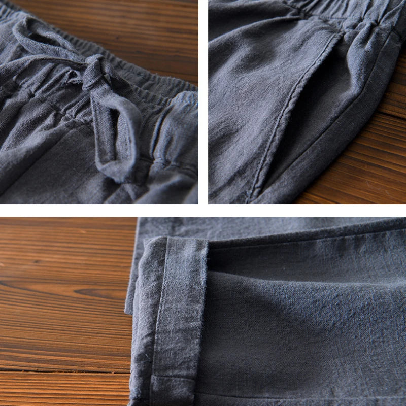 70% Linen,30% Cotton Men's Drawstring Elastic Waist Casual Pants, Straight Loose Ramie Trousers, Camping Fishing Comfortable