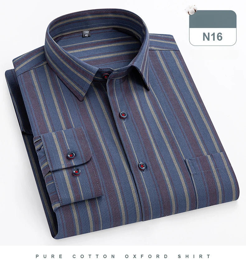 plus size 14xl 100%cotton long-sleeve shirts for men slim fit formal plain shirt soft plaid striped tops office elegants clothes