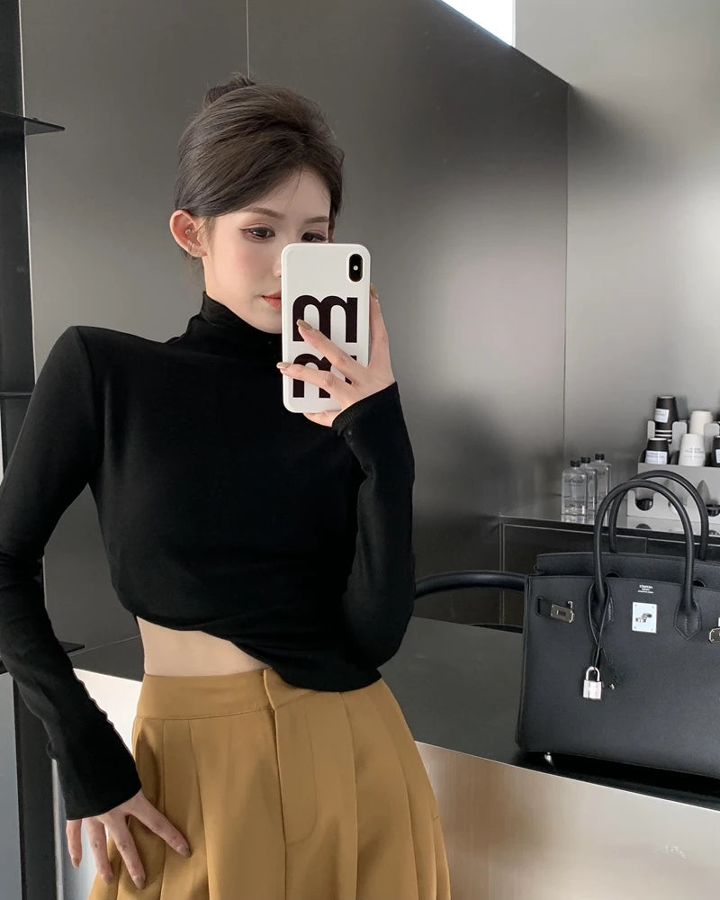 Warm Fce Lined High Collar Long Sve Base irt Women's Faionable Retro Versatile High Ne Base irt Trendy Commute ...