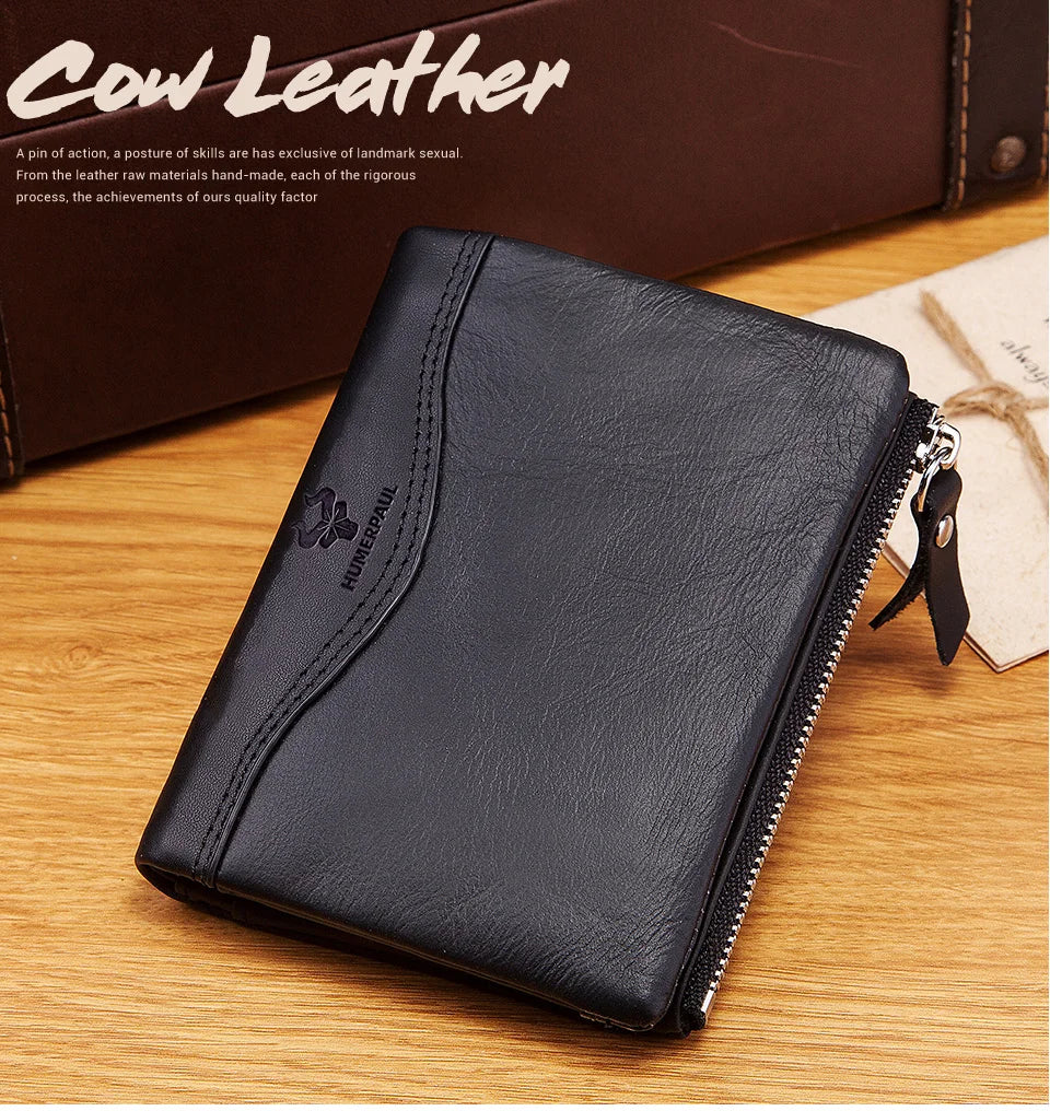 LAREET RFID Senior Short Wallet For Men Genuine Leather Wallets With Card Holder Bifold Zip Coin Pocket Small Billetera Hombre