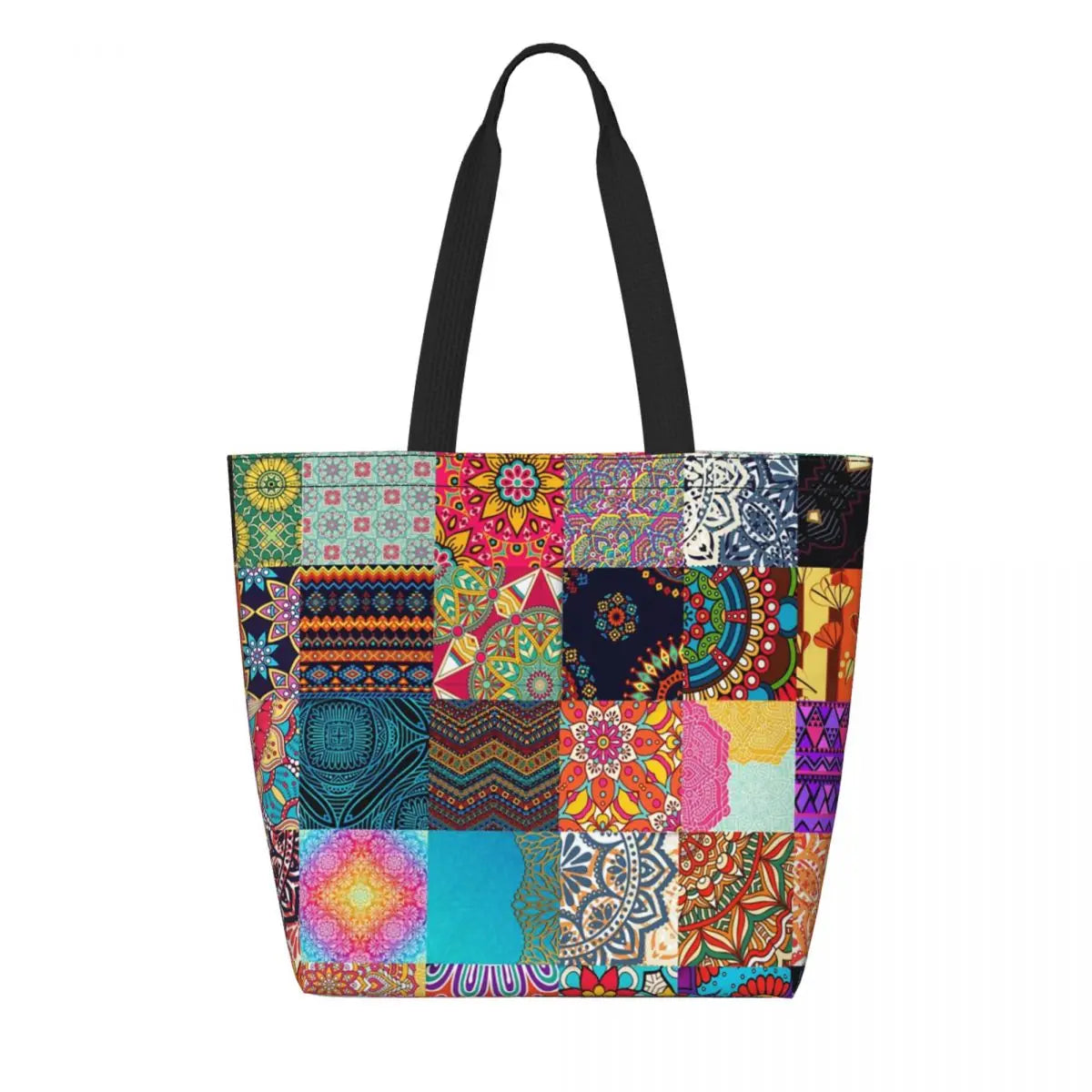 African Ankara Prints Grocery Shopping Tote Bags Women Geometric Ethnic Art Canvas Shoulder Shopper Bags Big Capacity Handbag