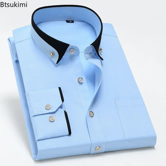 2026 Men's Long Sleeve Business Dress Shirts Solid Formal Button-Down Social Collar Camisa Elastic Anti-wrinkle Casual Men Shirt