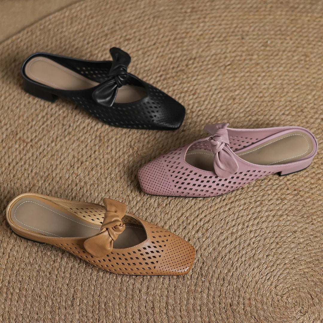 2025 Summer new plus size 34-41 women's hollow-out cow leather slip-on flats summer slides sandals sweet bowtie elegant mules
