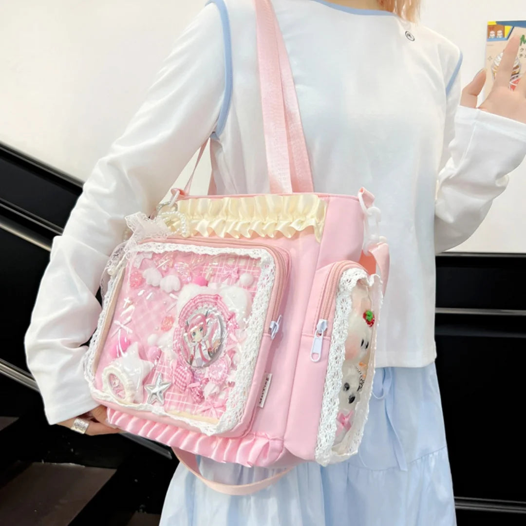 Sweet Lolita Single Shoulder Crossbody Bag Transparent Window Lace Ruffles Anime Badge Display Bag for Women