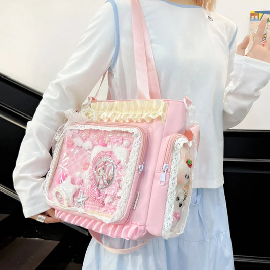 Sweet Lolita Single Shoulder Crossbody Bag Transparent Window Lace Ruffles Anime Badge Display Bag for Women