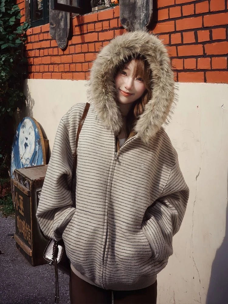 American Vintage Long Sleeve Hoodie Women Harajuku Casual Striped Sweatshirt Zipper Streetwear Faux Fur Sweet 2025 Autumn BAZAARHUBO