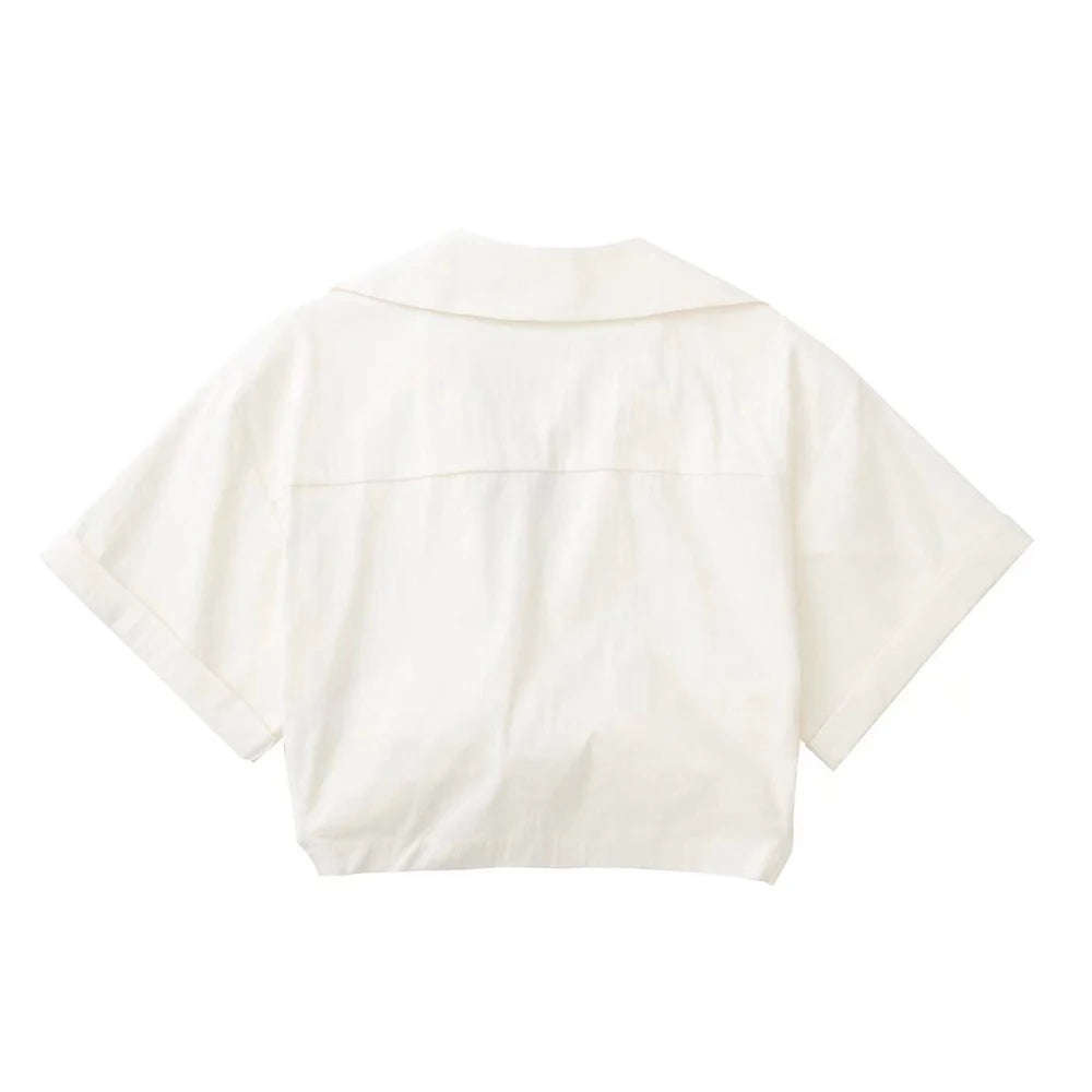 Women Fashion Front Knot Elastic Linen Cropped Shirts Vintage Short Sleeve Patch Pockets Female Blouses Blusa Chic Tops