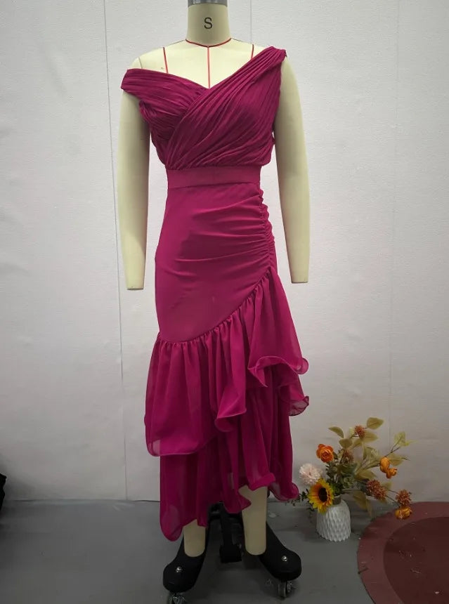 2026 New Women's Sexy Dress Sweet Style Solid High Waist Ruched V-Neck Sleeveless Summer Fashion Ruffle Elegant Party Long Dress