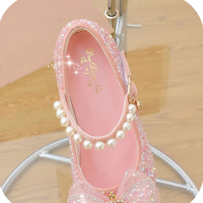 Girls' Shoes High Heels for Kids Elegant Girl Shoes Party Sequin Child Girl Heel Shoe Church First Communion White Princess Shoe