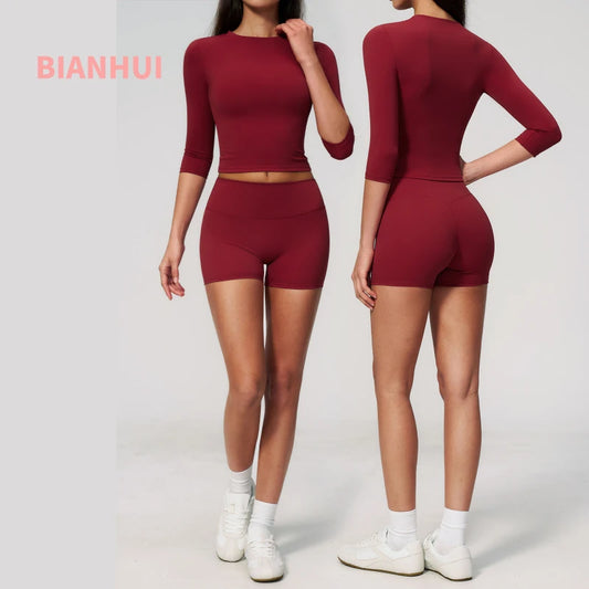 Sportswear Workout Clothes 2026 New Yoga Outfit Set For Women Slim Fit Mid Sleeve Shorts Outdoor Fitness Half Sleeve Sports Suit