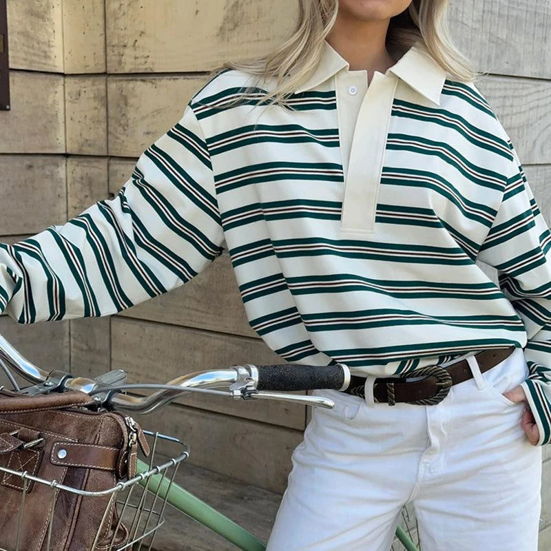 Combhasaki Women Y2K Vintage Retro Sweatshirts Long Sleeve Lapel Button V-Neck Pullover Top Loose Striped Rugby Polo Tee Shirts BAZAARHUBO