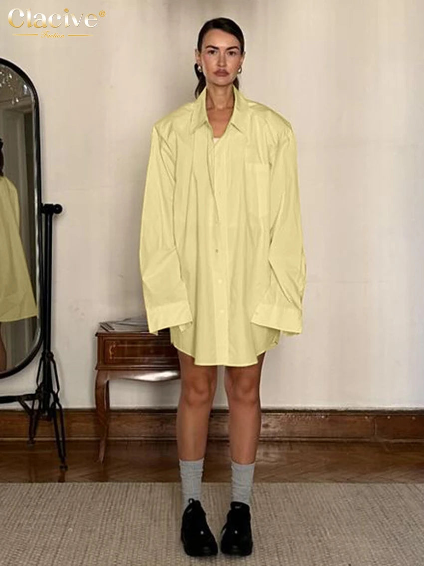Clacive Fashion Loose Yellow Cotton Women's Blouse 2025 Casual Lapel Long Sleeve Shirt Elegant Simple Solid Top Female Clothing
