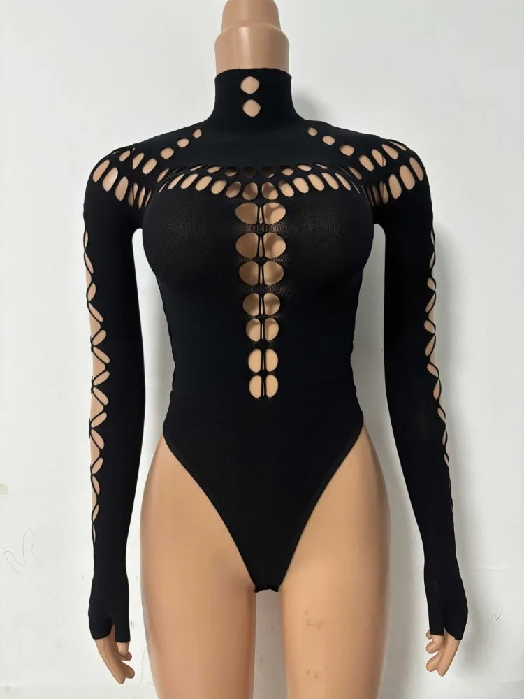 Sexy Streetwear Slanted Shoulder Hollow Sleeveless Jumpsuit Hot Girls Tight Fitting Slimming Bottom Jumpsuit Punk Personality