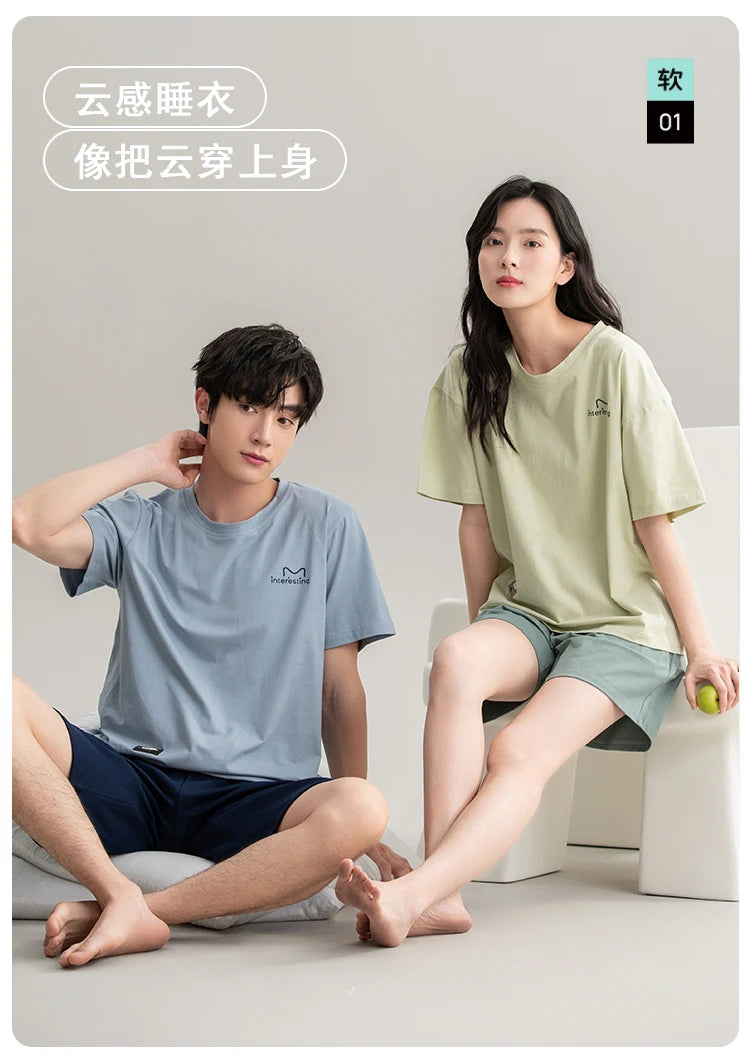 Couple Pajamas Set Summer Short-Sleeved Sleepwear 100% Cotton Men and Women Pyjamas