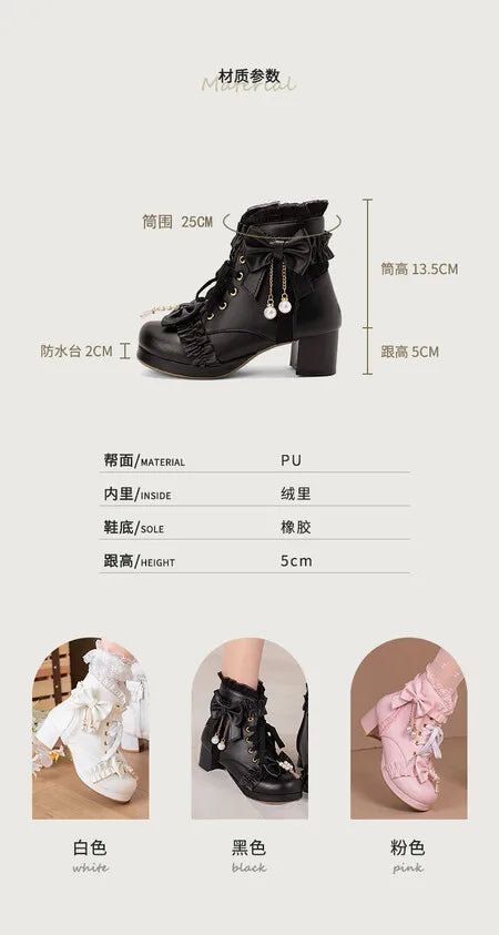 Lolita Great Quality Block High Heels Women Ankle Boots White Shoes Lace Decor Lace Up Chunky Heeled Bow Boots for Women Verclo