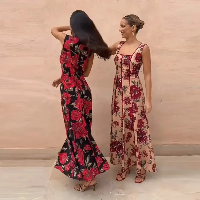 Sexy Printed Flower Long Women's Dress Sleeveless Waist-Closed Slash Neck Lady Dresses Summer Sling Vacation Holiday Robe