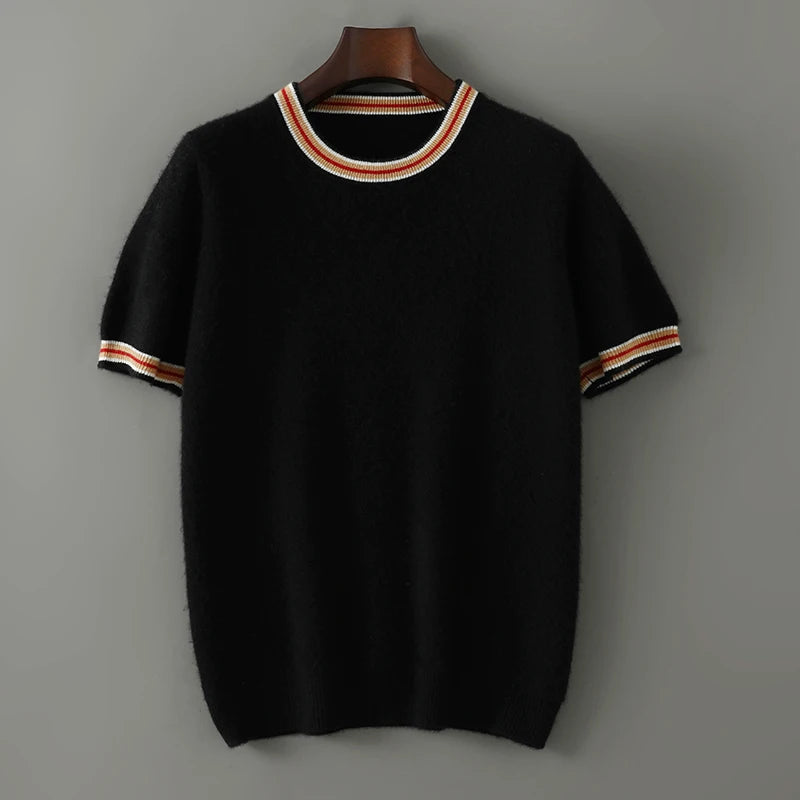 2026 Summer New Fashion O-Neck 100% Wool Knit Short Sleeve Spliced Business Casual T-Shirts Men's Clothing Loose England Tees