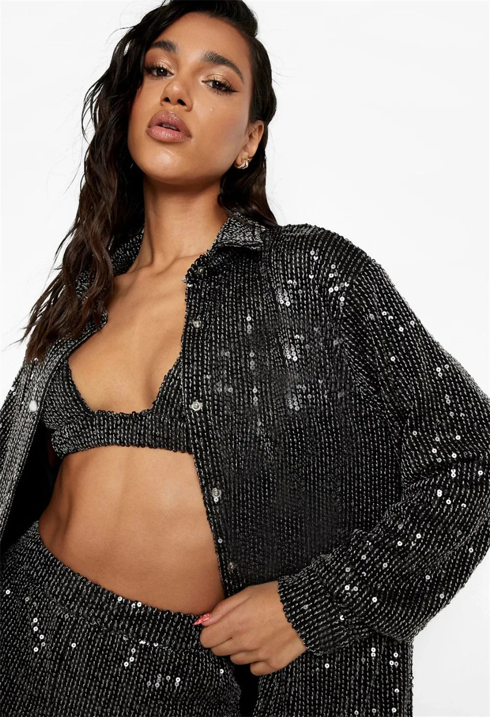 Women Fashion Tracksuits Shirt With Long Pants Three Pieces Sets Sequins Beading Clothing Outfits Women Blouses