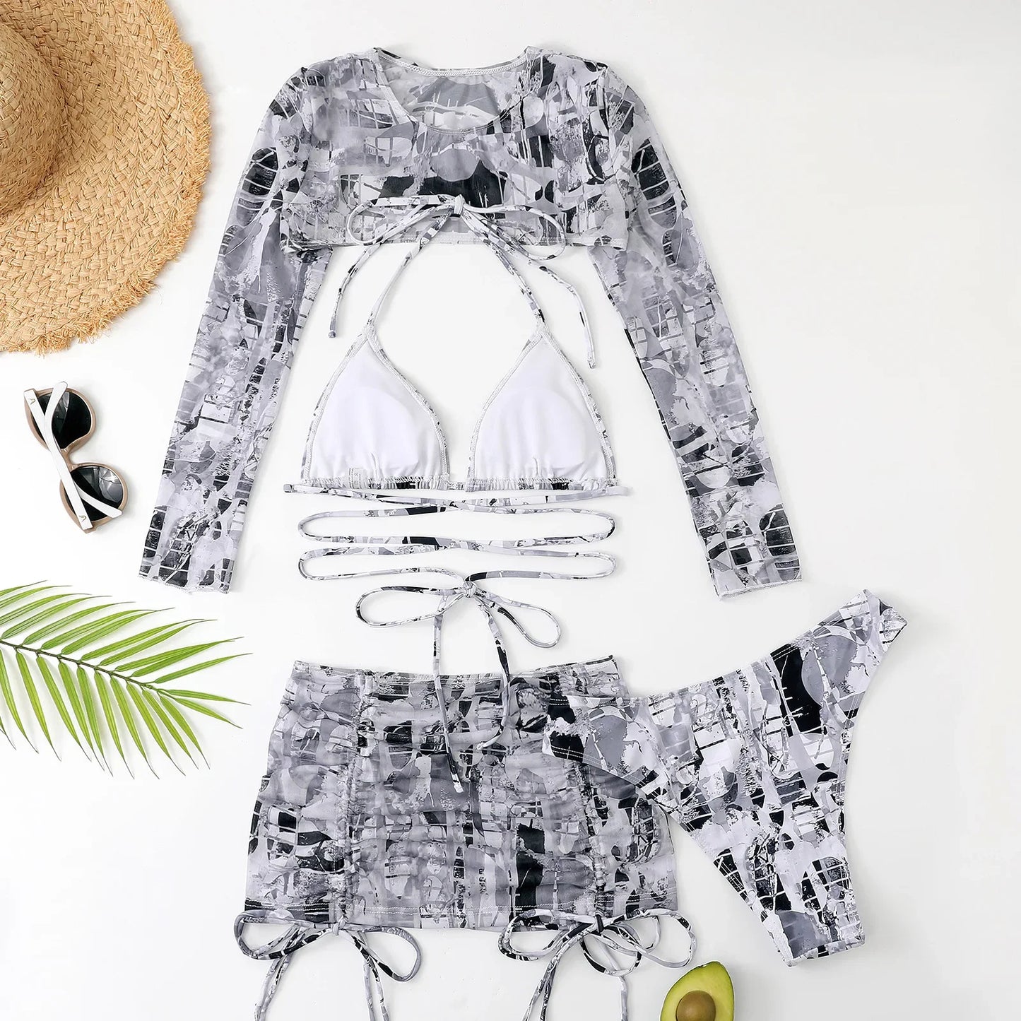 Sexy Printed 4 Piece Bikinis Women Push Up Swimwear With Wrap Long Sleeve Skirt Swimsuit Bathing Suit Beach Wear Female