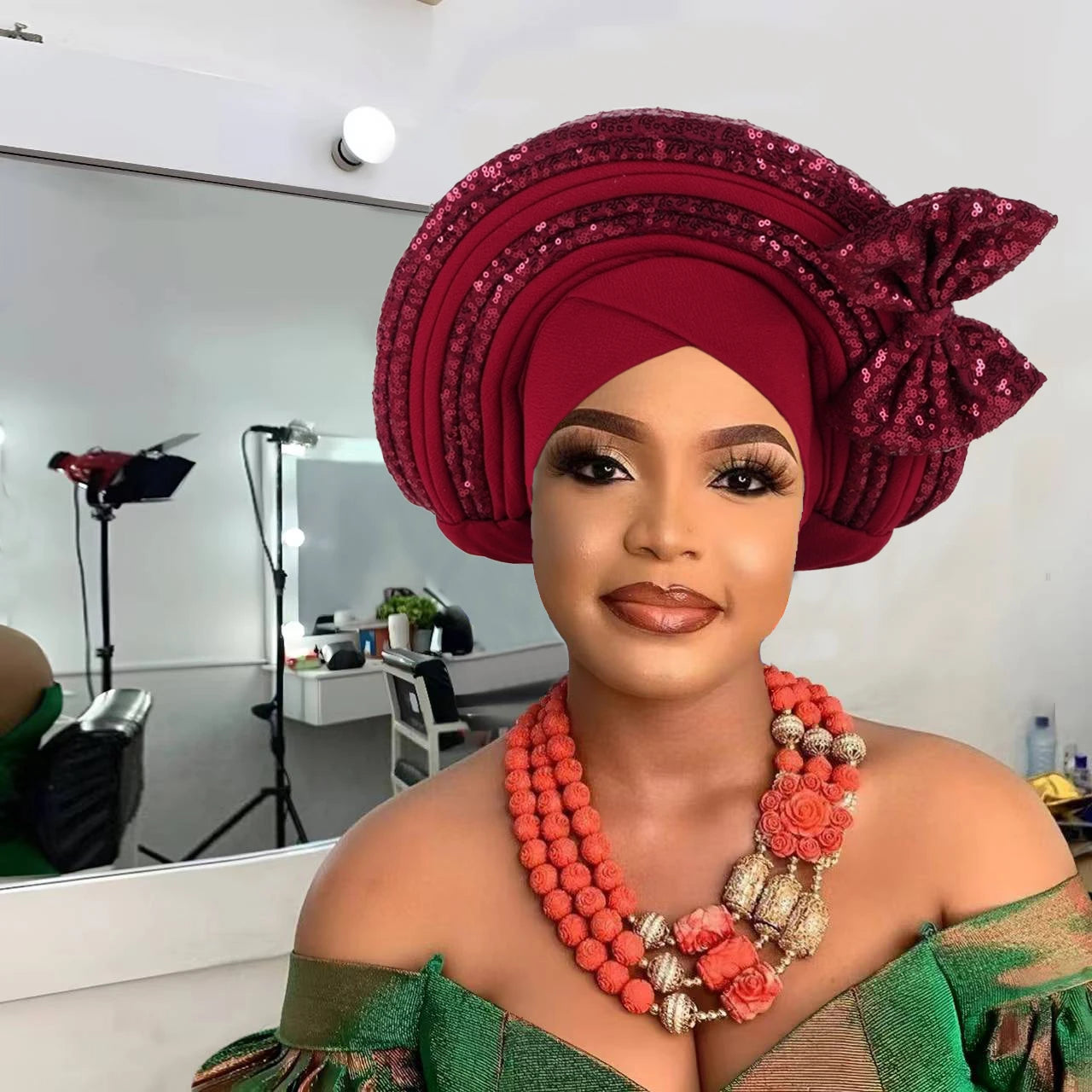 Sweet Bowknot Auto Gele Headtie for Women African Head Wraps Lady Party Headpiece Female Sequins Turban Cap