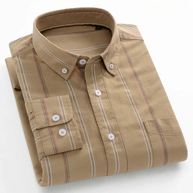 Fashion korean trends casual long-sleeve shirts for men slim fit plain shirt 100%cotton plaid striped tops soft designer clothes
