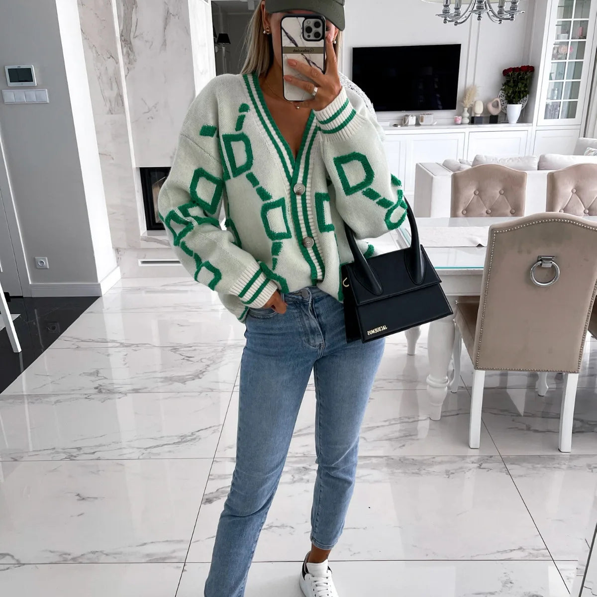 Autumn Winter Jacquard Knitted Coat Women Fashion V-neck Long Sleeve Single Breasted Knitting Cardigan Coats Female Streetwear